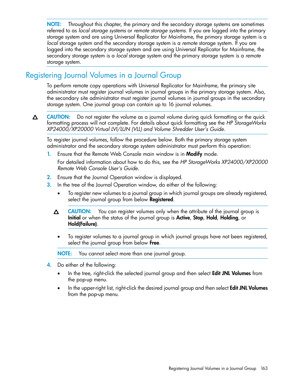Registering journal volumes in a journal group | HP StorageWorks XP Remote Web Console Software User Manual | Page 163 / 252