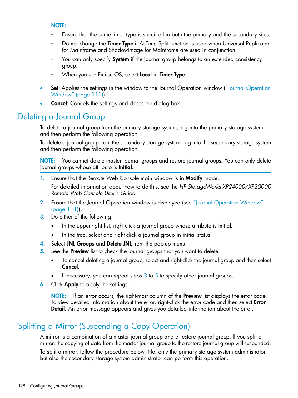 Deleting a journal group, Splitting a mirror (suspending a copy operation), Splitting a | HP StorageWorks XP Remote Web Console Software User Manual | Page 178 / 252