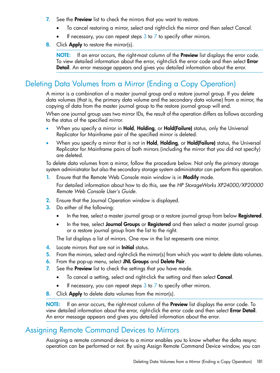 Assigning remote command devices to mirrors, Deleting data | HP StorageWorks XP Remote Web Console Software User Manual | Page 181 / 252