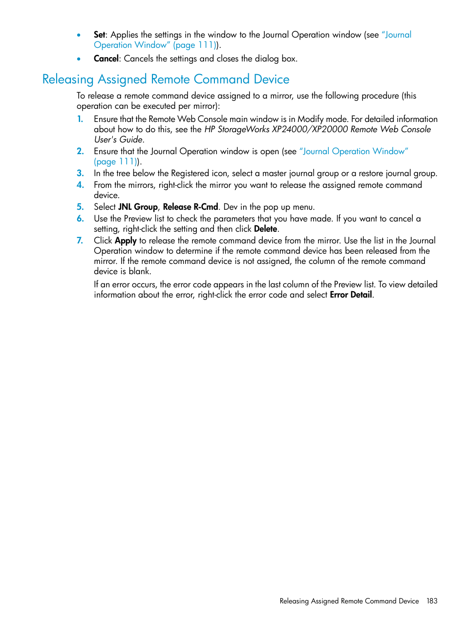 Releasing assigned remote command device, Releasing assigned remote | HP StorageWorks XP Remote Web Console Software User Manual | Page 183 / 252