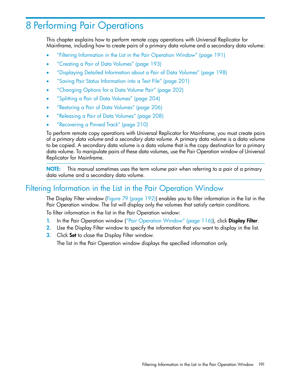 8 performing pair operations, Filtering information | HP StorageWorks XP Remote Web Console Software User Manual | Page 191 / 252