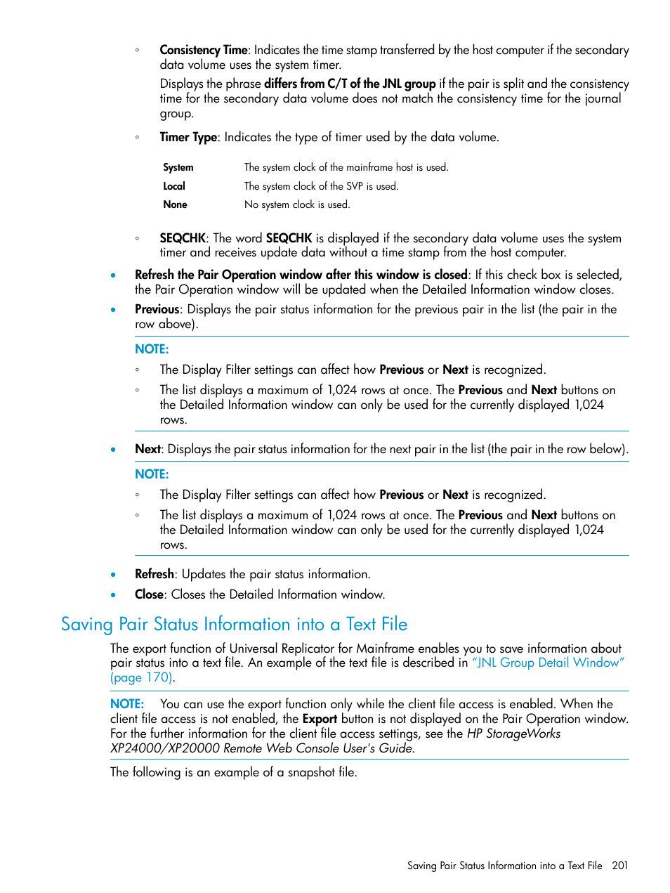 Saving pair status information into a text file | HP StorageWorks XP Remote Web Console Software User Manual | Page 201 / 252