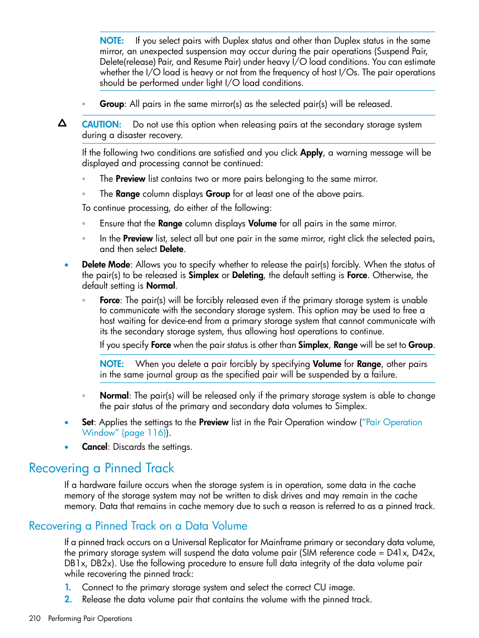 Recovering a pinned track, Recovering a pinned track on a data volume | HP StorageWorks XP Remote Web Console Software User Manual | Page 210 / 252