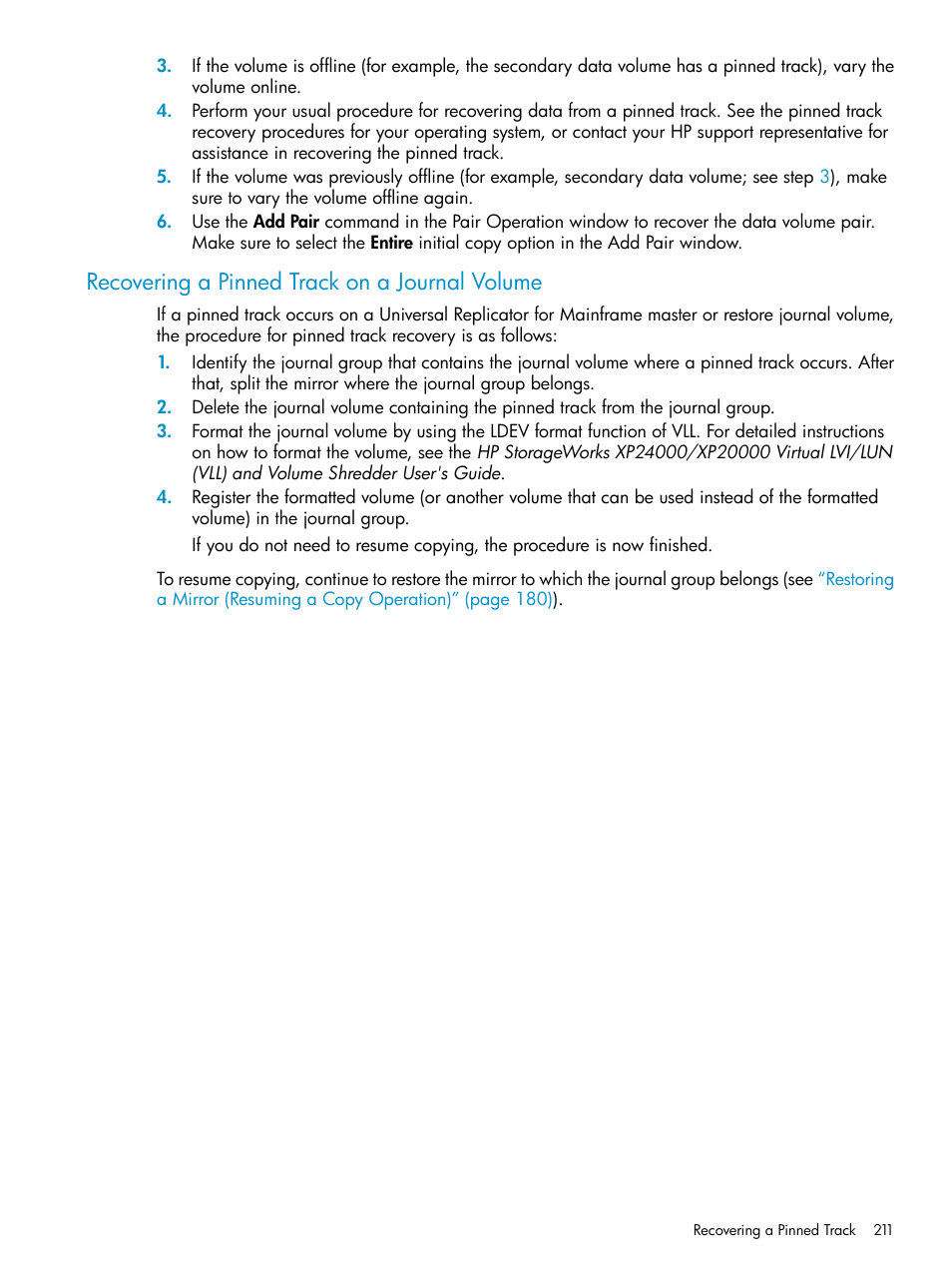 Recovering a pinned track on a journal volume | HP StorageWorks XP Remote Web Console Software User Manual | Page 211 / 252