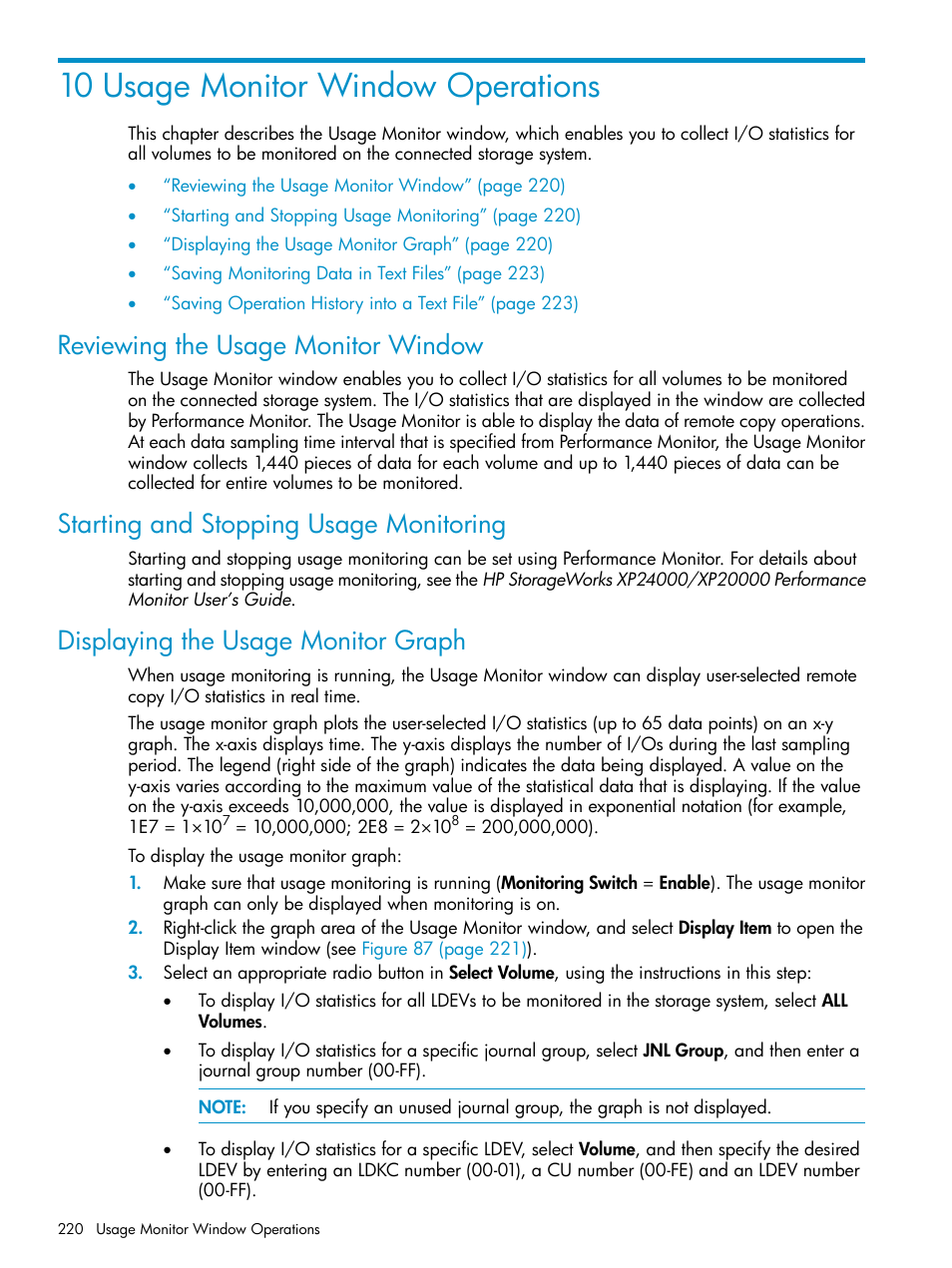 10 usage monitor window operations, Reviewing the usage monitor window, Starting and stopping usage monitoring | Displaying the usage monitor graph | HP StorageWorks XP Remote Web Console Software User Manual | Page 220 / 252