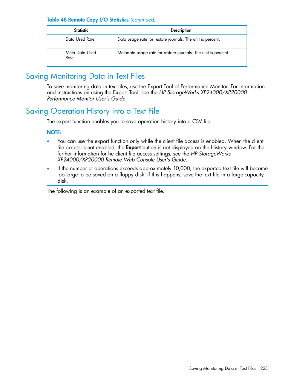 Saving monitoring data in text files, Saving operation history into a text file | HP StorageWorks XP Remote Web Console Software User Manual | Page 223 / 252