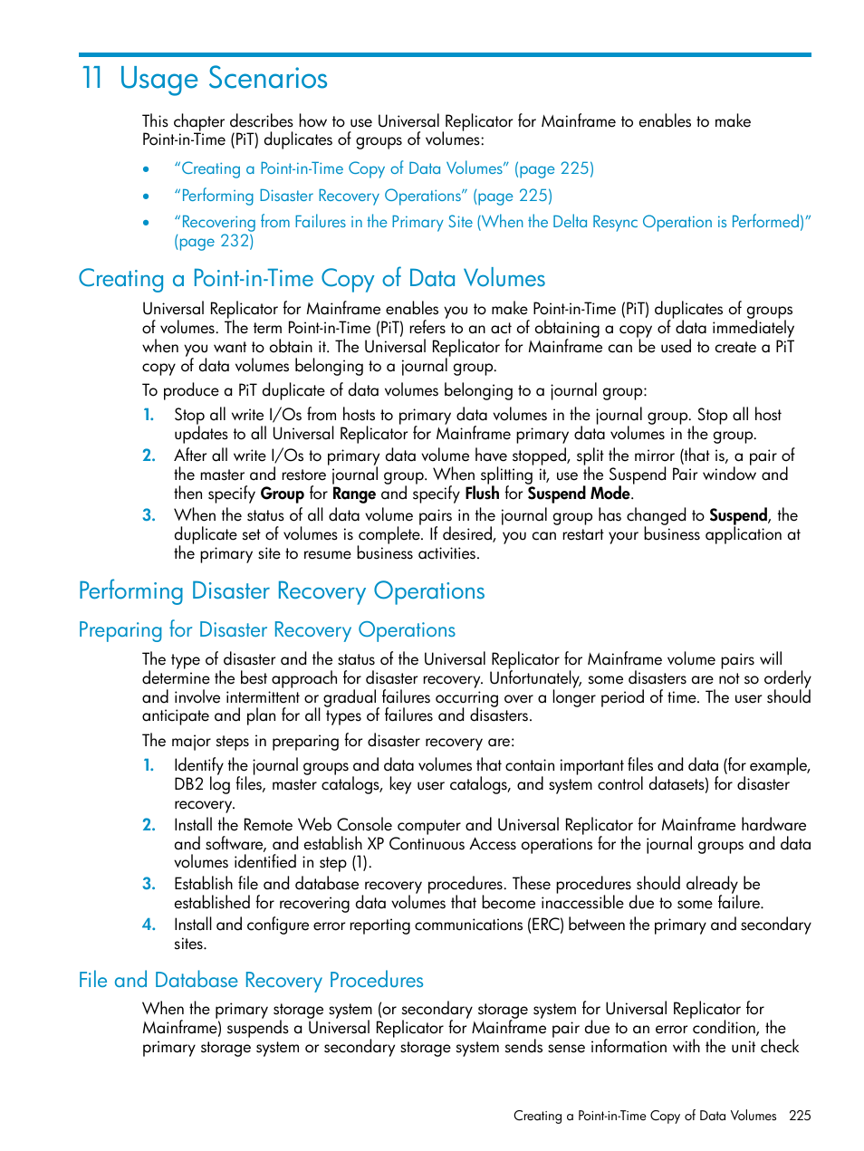 11 usage scenarios, Creating a point-in-time copy of data volumes, Performing disaster recovery operations | Preparing for disaster recovery operations, File and database recovery procedures | HP StorageWorks XP Remote Web Console Software User Manual | Page 225 / 252