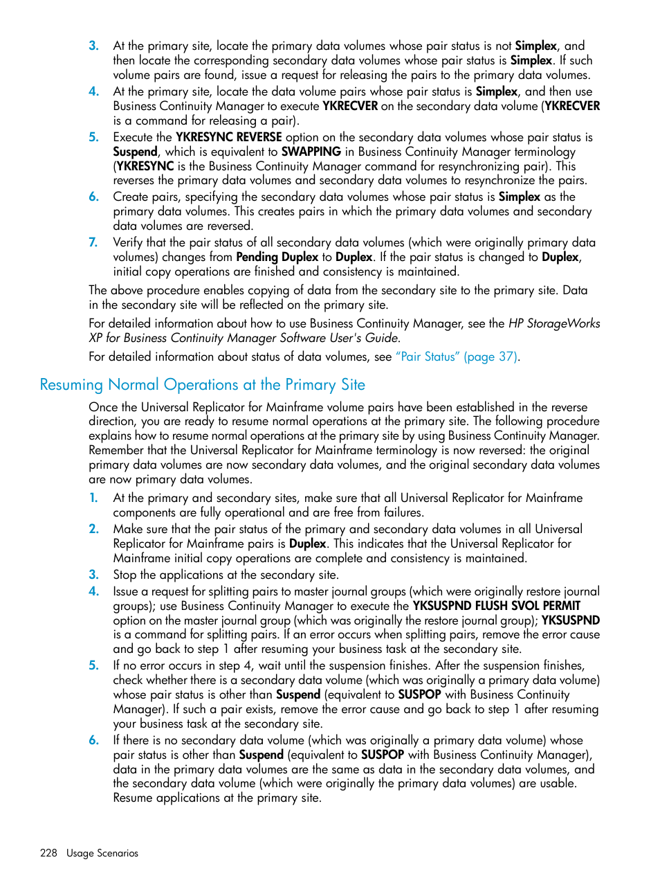 Resuming normal operations at the primary site | HP StorageWorks XP Remote Web Console Software User Manual | Page 228 / 252