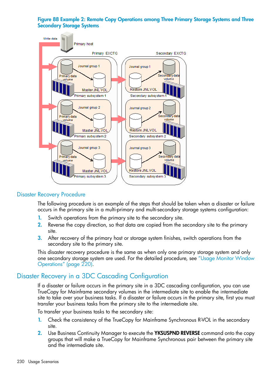 Disaster recovery procedure, Disaster recovery in a 3dc cascading configuration, Disaster recovery in a 3dc cascading | HP StorageWorks XP Remote Web Console Software User Manual | Page 230 / 252