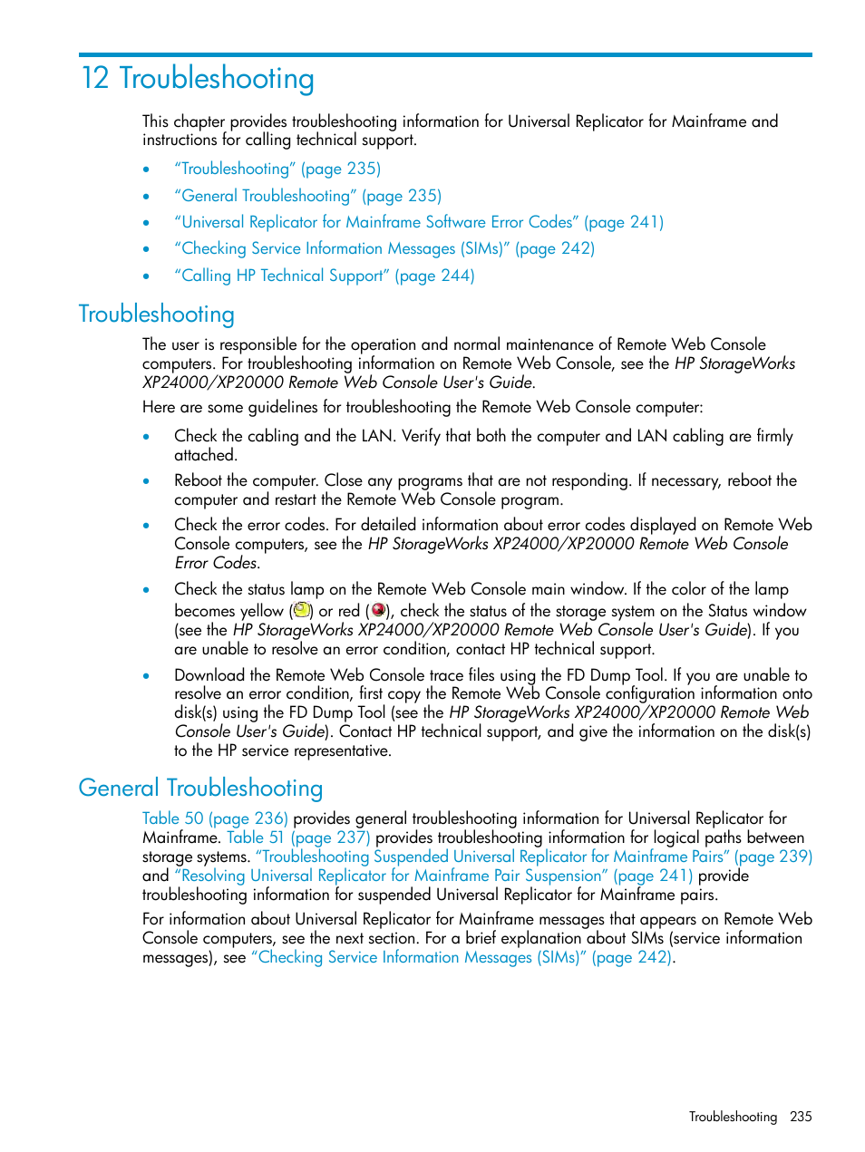 12 troubleshooting, Troubleshooting, General troubleshooting | Troubleshooting general troubleshooting | HP StorageWorks XP Remote Web Console Software User Manual | Page 235 / 252