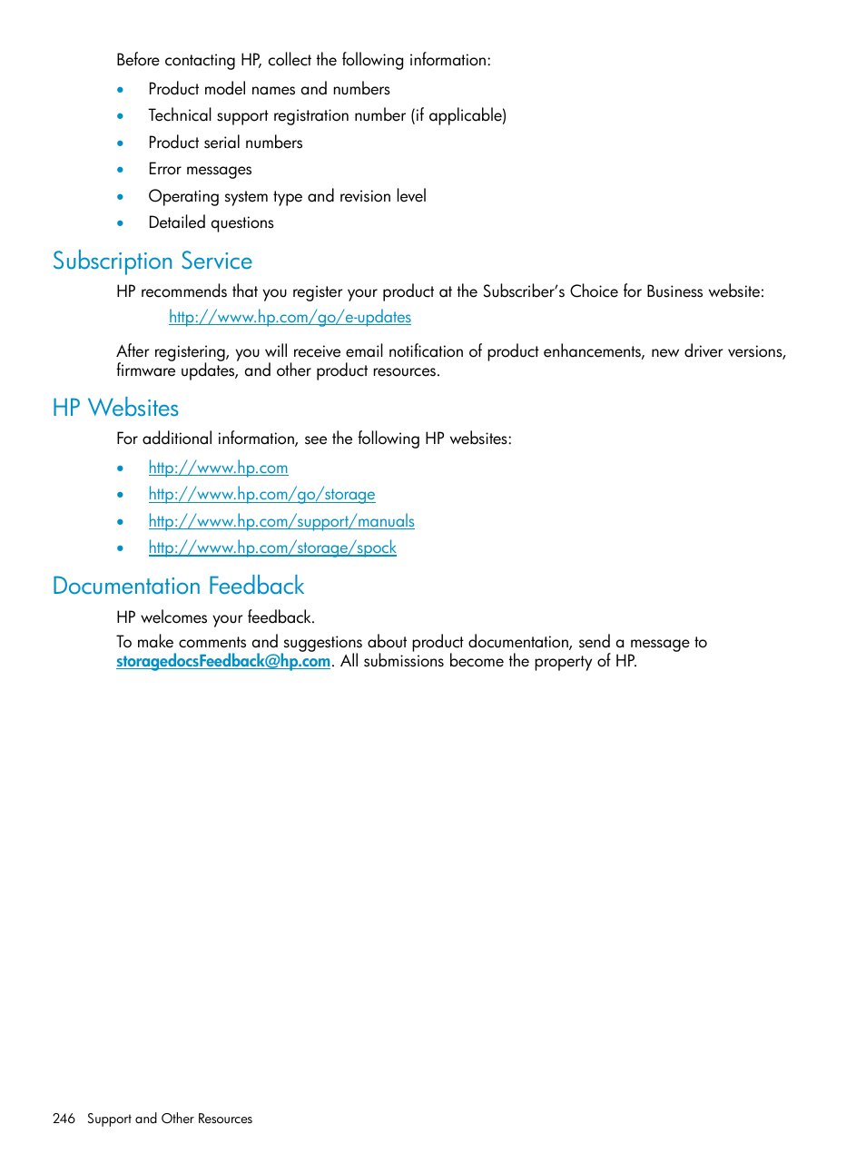 Subscription service, Hp websites, Documentation feedback | HP StorageWorks XP Remote Web Console Software User Manual | Page 246 / 252