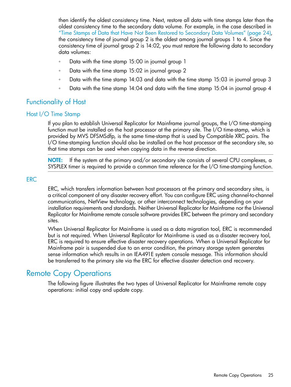 Functionality of host, Host i/o time stamp, Remote copy operations | Host i/o time stamp erc | HP StorageWorks XP Remote Web Console Software User Manual | Page 25 / 252