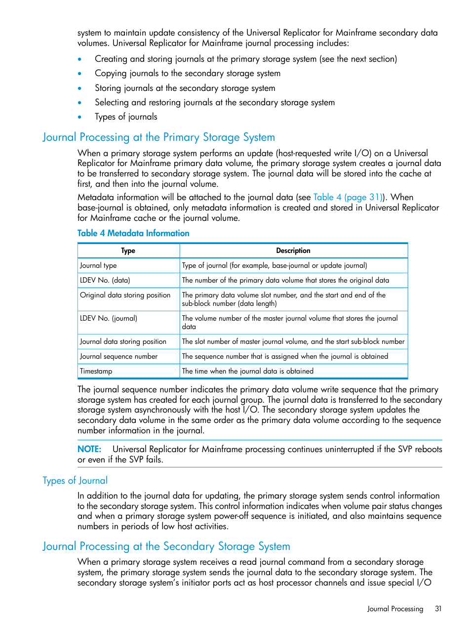 Journal processing at the primary storage system, Types of journal, Journal processing at the secondary storage system | HP StorageWorks XP Remote Web Console Software User Manual | Page 31 / 252