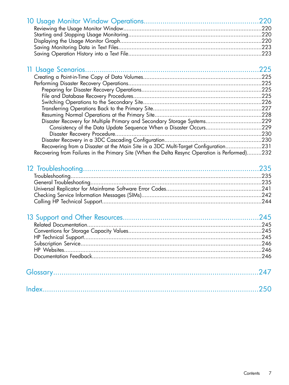 10 usage monitor window operations, 11 usage scenarios, 12 troubleshooting | 13 support and other resources, Glossary index | HP StorageWorks XP Remote Web Console Software User Manual | Page 7 / 252