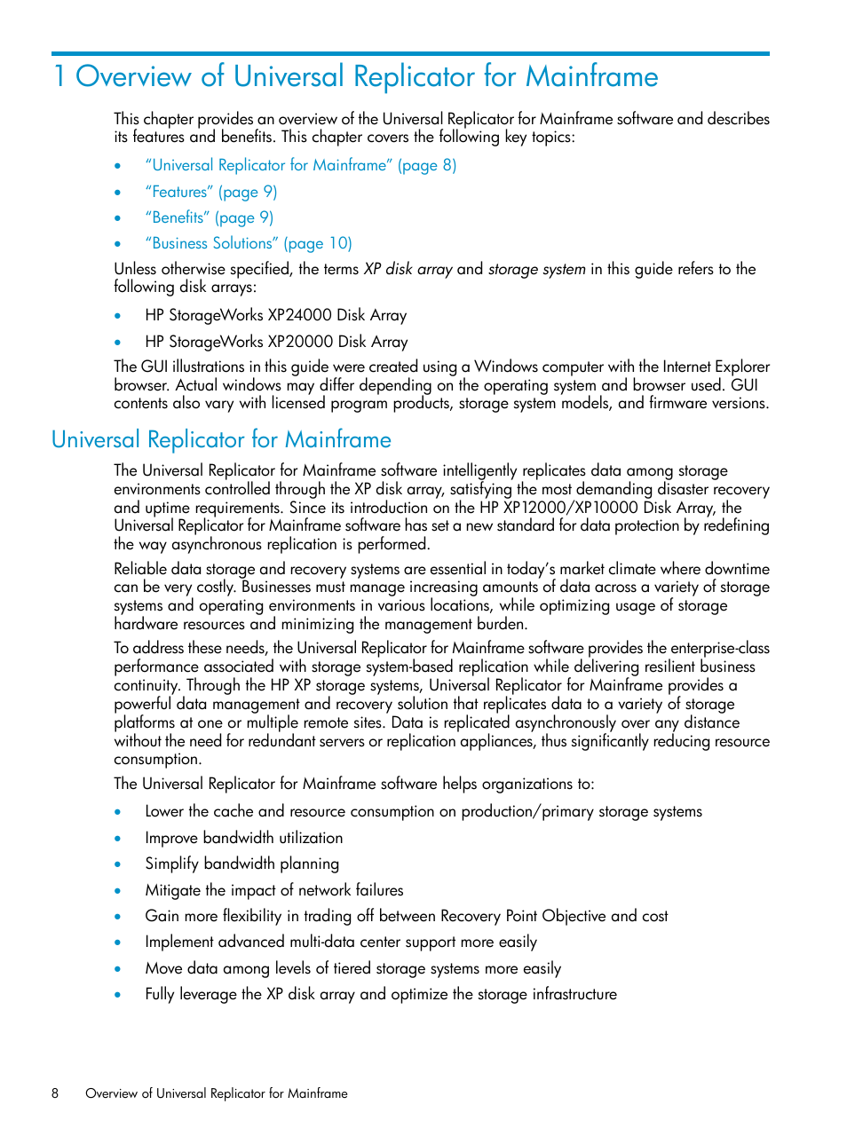 1 overview of universal replicator for mainframe, Universal replicator for mainframe | HP StorageWorks XP Remote Web Console Software User Manual | Page 8 / 252