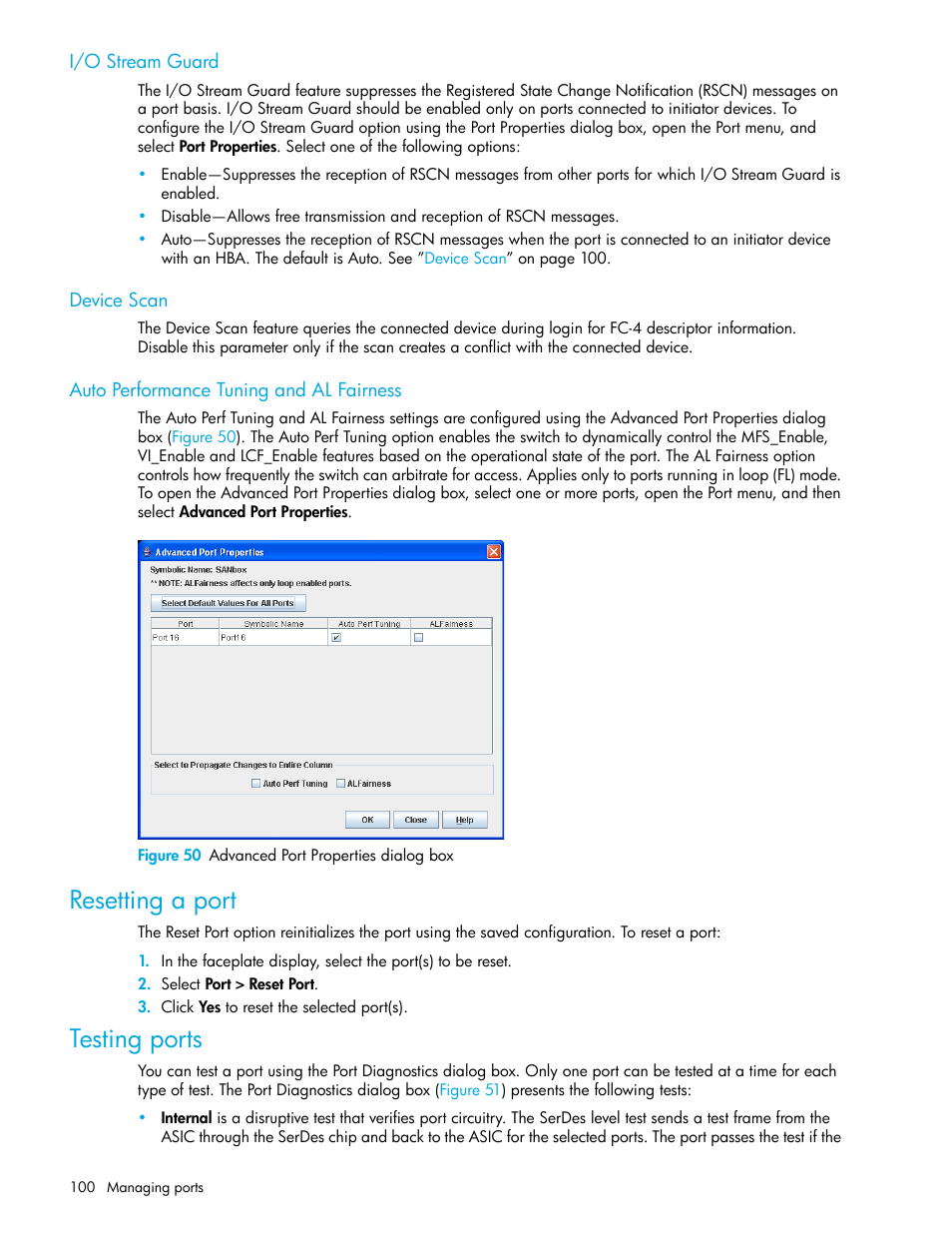 I/o stream guard, Device scan, Auto performance tuning and al fairness | Figure 50 advanced port properties dialog box, Resetting a port, Testing ports, 50 advanced port properties dialog box | HP 8.20q Fibre Channel Switch User Manual | Page 100 / 108