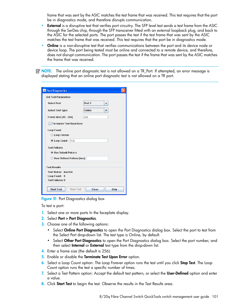 Figure 51 port diagnostics dialog box, 51 port diagnostics dialog box, Figure 51 | HP 8.20q Fibre Channel Switch User Manual | Page 101 / 108