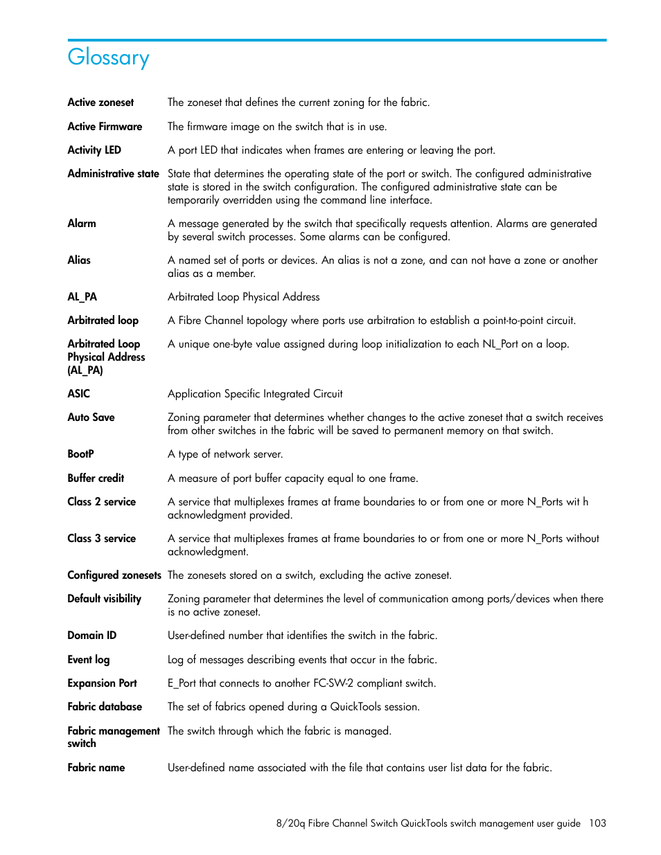 Glossary | HP 8.20q Fibre Channel Switch User Manual | Page 103 / 108