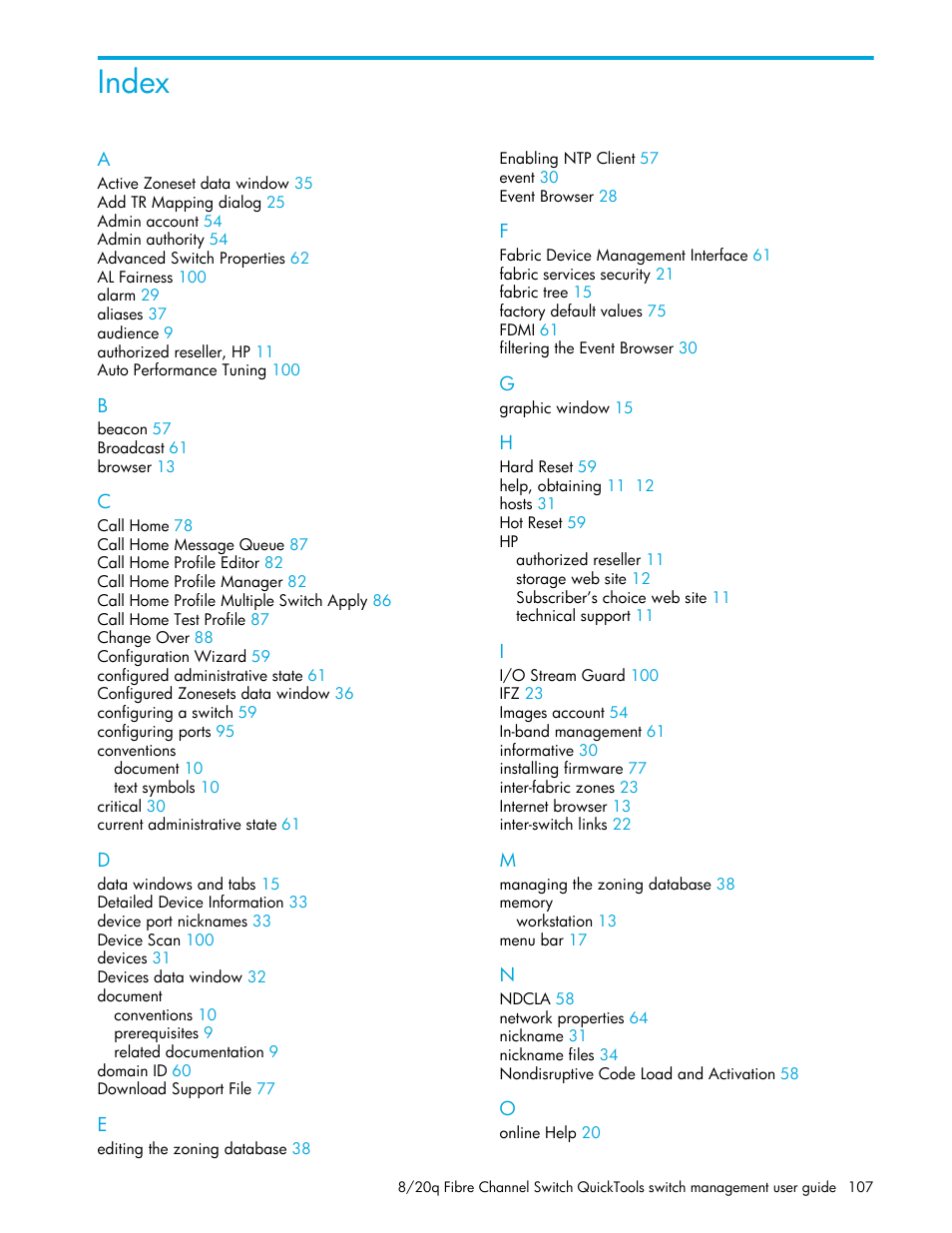 Index | HP 8.20q Fibre Channel Switch User Manual | Page 107 / 108