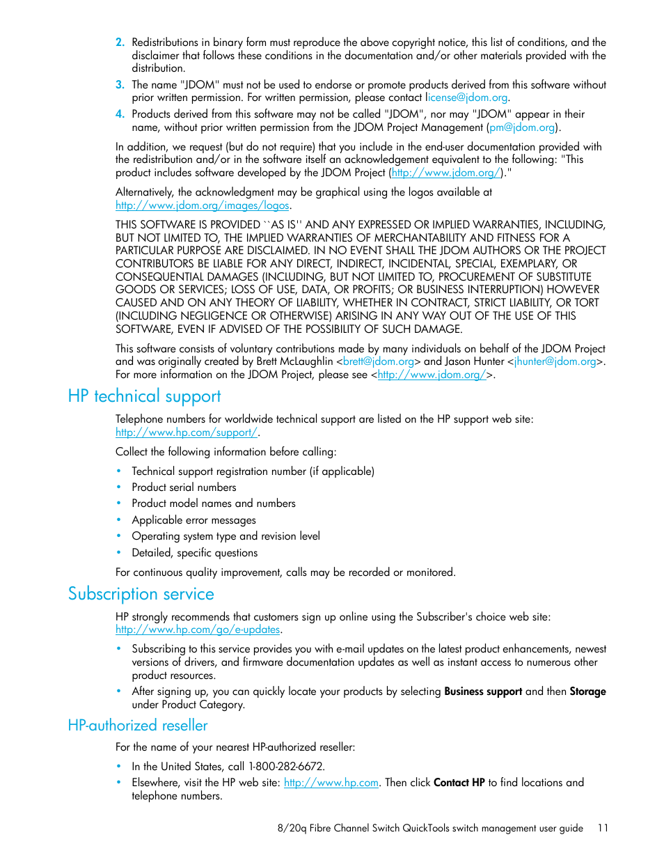 Hp technical support, Subscription service, Hp-authorized reseller | HP 8.20q Fibre Channel Switch User Manual | Page 11 / 108