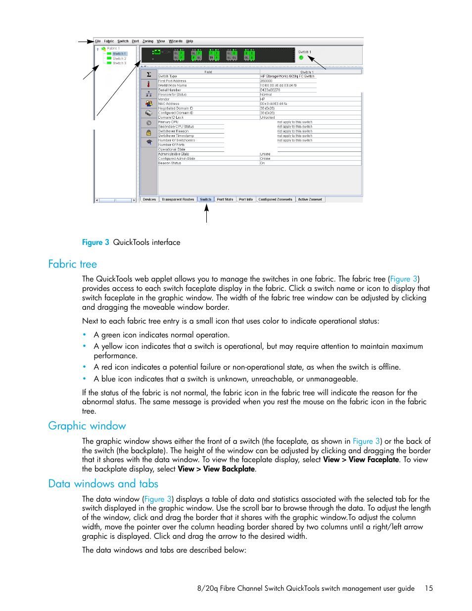 Figure 3 quicktools interface, Fabric tree, Graphic window | Data windows and tabs, 3 quicktools interface, Figure 3 | HP 8.20q Fibre Channel Switch User Manual | Page 15 / 108