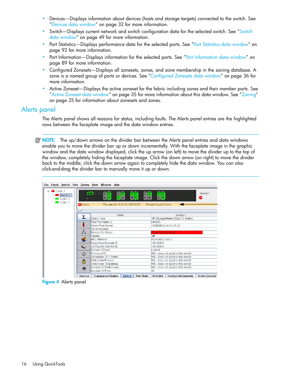 Alerts panel, Figure 4 alerts panel, 4 alerts panel | HP 8.20q Fibre Channel Switch User Manual | Page 16 / 108