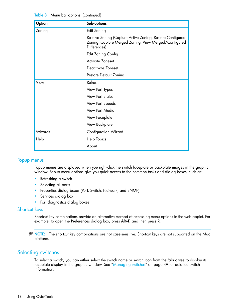 Popup menus, Shortcut keys, Selecting switches | HP 8.20q Fibre Channel Switch User Manual | Page 18 / 108