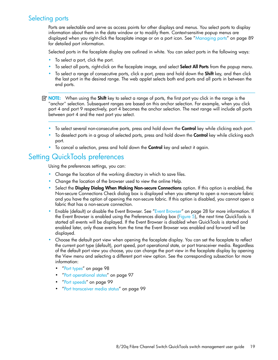 Selecting ports, Setting quicktools preferences | HP 8.20q Fibre Channel Switch User Manual | Page 19 / 108