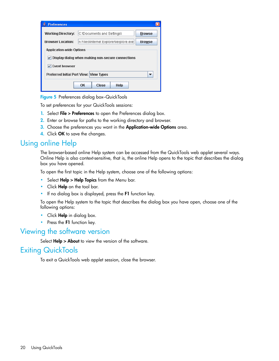 Figure 5 preferences dialog box-quicktools, Using online help, Viewing the software version | Exiting quicktools, 5 preferences dialog box–quicktools, Figure 5 | HP 8.20q Fibre Channel Switch User Manual | Page 20 / 108