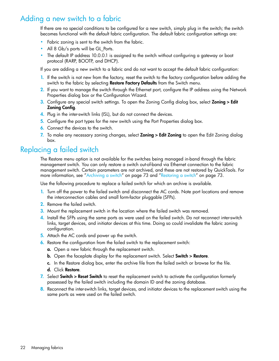 Adding a new switch to a fabric, Replacing a failed switch | HP 8.20q Fibre Channel Switch User Manual | Page 22 / 108