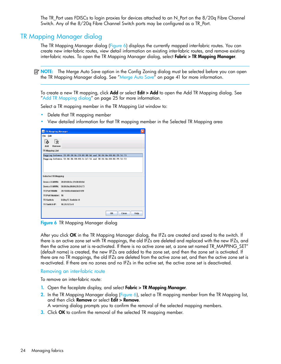 Tr mapping manager dialog, Figure 6 tr mapping manager dialog, Removing an inter-fabric route | 6 tr mapping manager dialog | HP 8.20q Fibre Channel Switch User Manual | Page 24 / 108