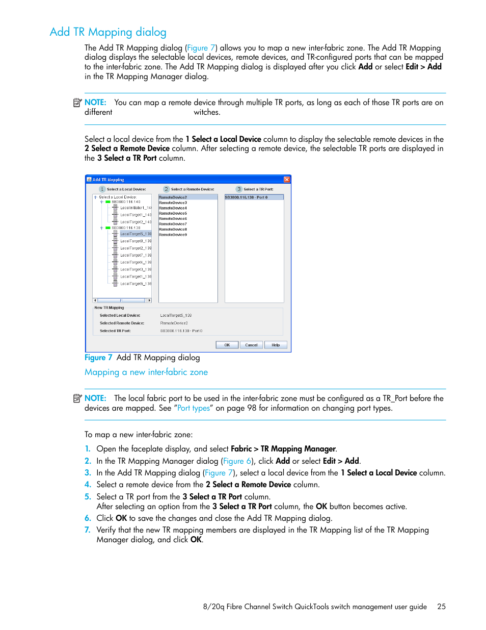 Add tr mapping dialog, Figure 7 add tr mapping dialog, Mapping a new inter-fabric zone | 7 add tr mapping dialog | HP 8.20q Fibre Channel Switch User Manual | Page 25 / 108