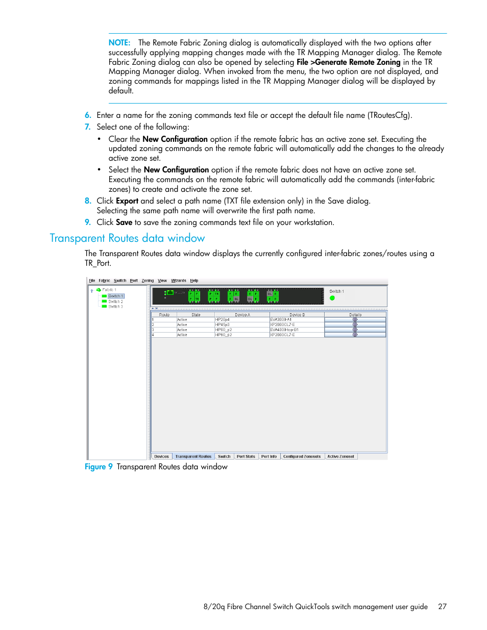 Transparent routes data window, Figure 9 transparent routes data window, 9 transparent routes data window | HP 8.20q Fibre Channel Switch User Manual | Page 27 / 108