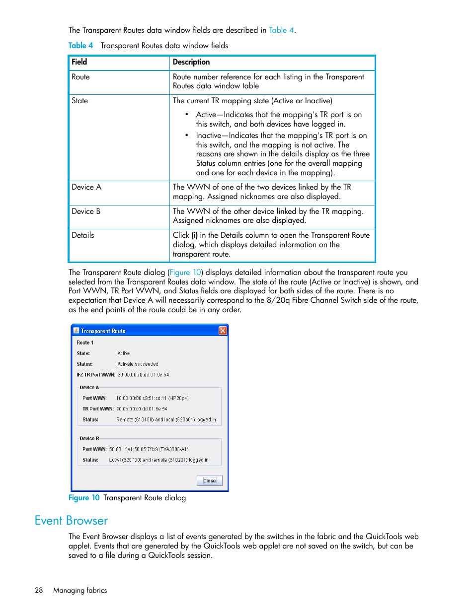 Table 4 transparent routes data window fields, Figure 10 transparent route dialog, Event browser | 10 transparent route dialog, 4 transparent routes data window fields | HP 8.20q Fibre Channel Switch User Manual | Page 28 / 108