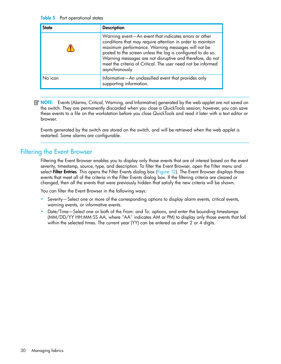 Filtering the event browser | HP 8.20q Fibre Channel Switch User Manual | Page 30 / 108