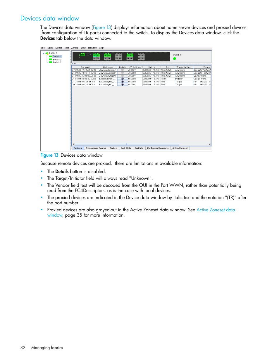 Devices data window, Figure 13 devices data window, 13 devices data window | HP 8.20q Fibre Channel Switch User Manual | Page 32 / 108