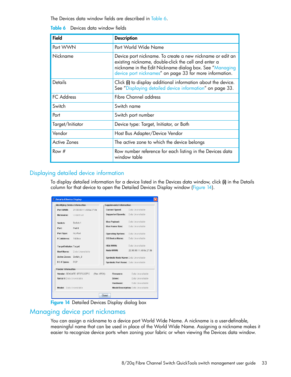 Table 6 devices data window fields, Displaying detailed device information, Figure 14 detailed devices display dialog box | Managing device port nicknames, 14 detailed devices display dialog box, 6 devices data window fields | HP 8.20q Fibre Channel Switch User Manual | Page 33 / 108