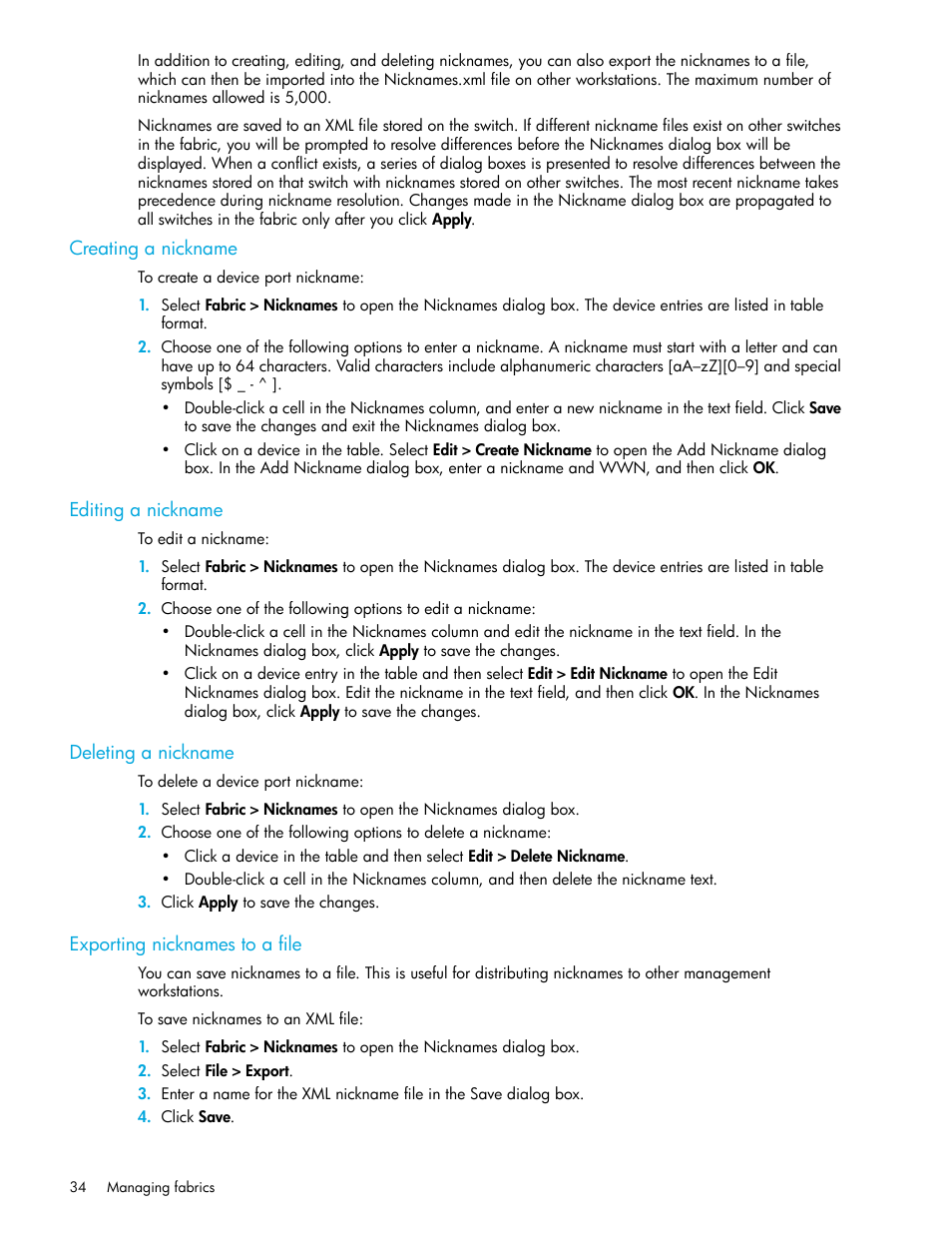 Creating a nickname, Editing a nickname, Deleting a nickname | Exporting nicknames to a file | HP 8.20q Fibre Channel Switch User Manual | Page 34 / 108