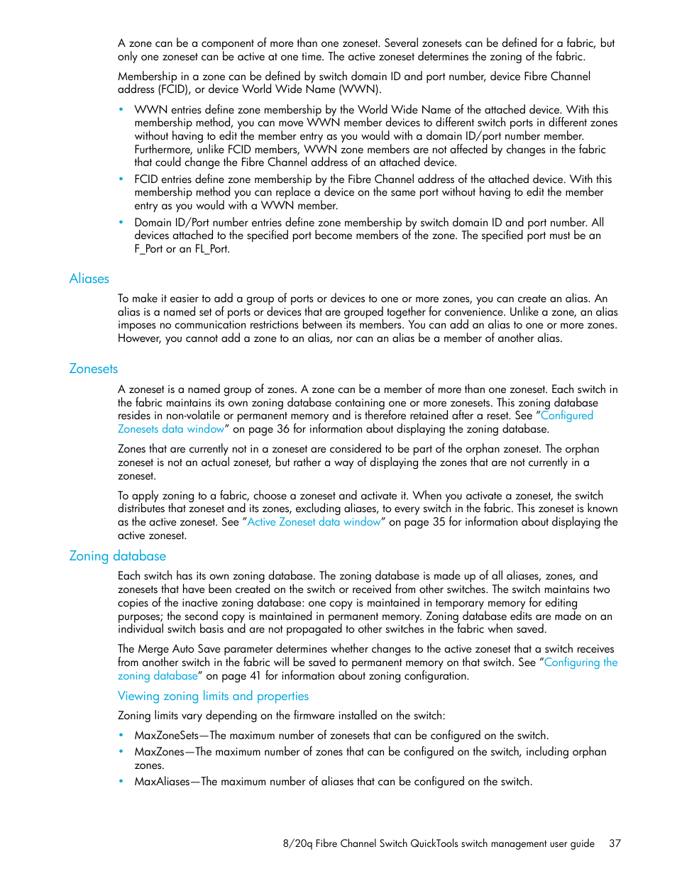 Aliases, Zonesets, Zoning database | Viewing zoning limits and properties | HP 8.20q Fibre Channel Switch User Manual | Page 37 / 108