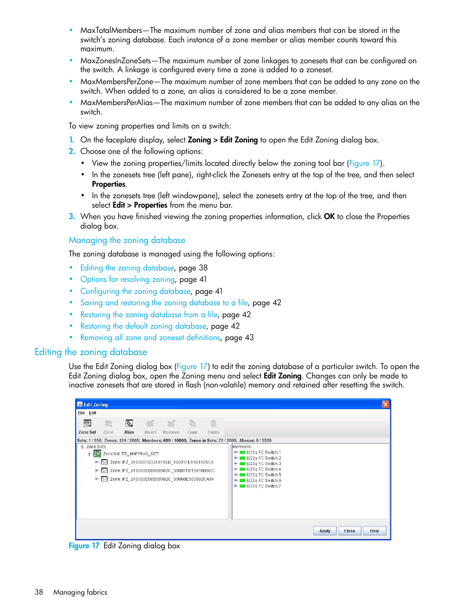 Managing the zoning database, Editing the zoning database, Figure 17 edit zoning dialog box | 17 edit zoning dialog box | HP 8.20q Fibre Channel Switch User Manual | Page 38 / 108