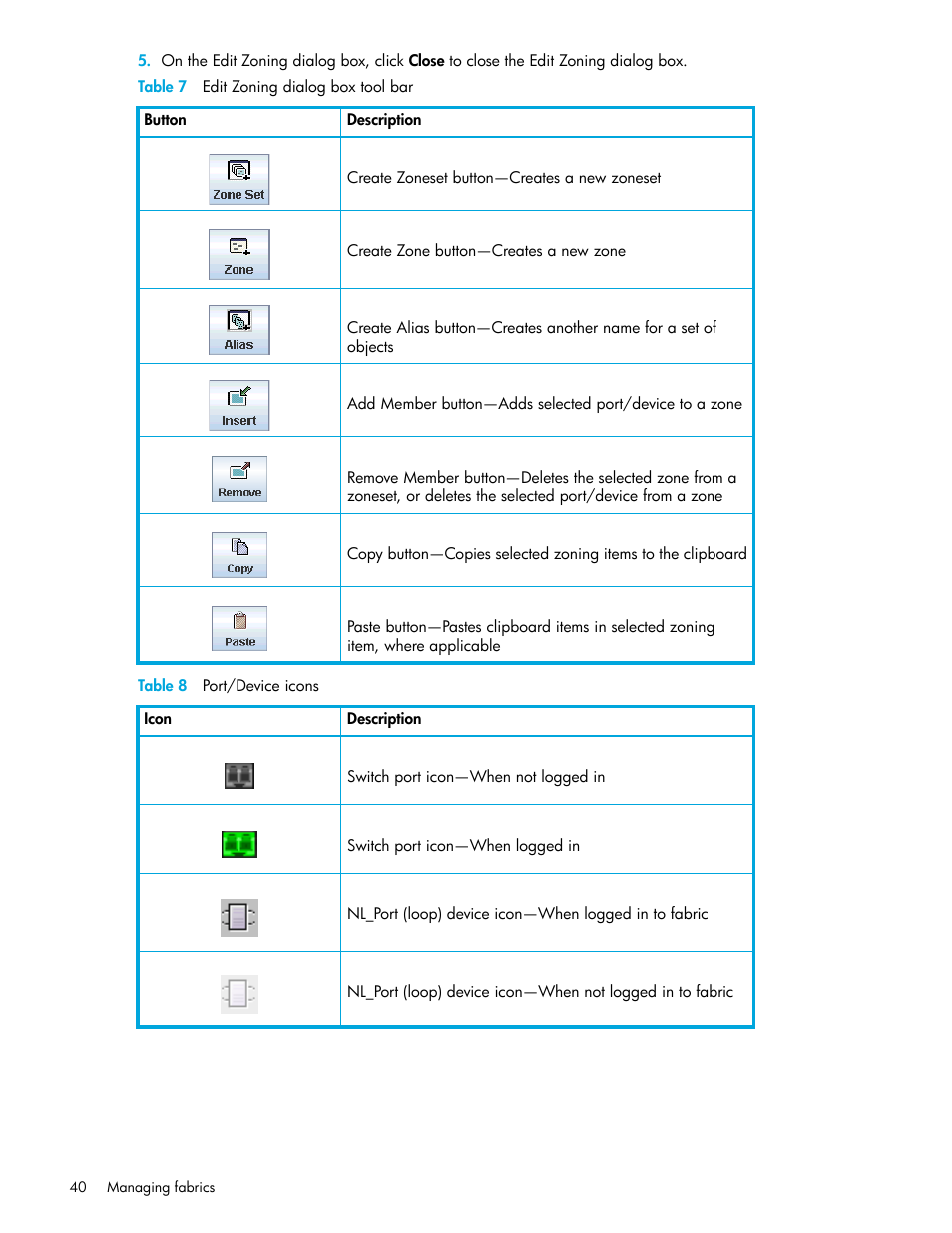 Table 7 edit zoning dialog box tool bar, Table 8 port/device icons, 7 edit zoning dialog box tool bar | 8 port/device icons | HP 8.20q Fibre Channel Switch User Manual | Page 40 / 108