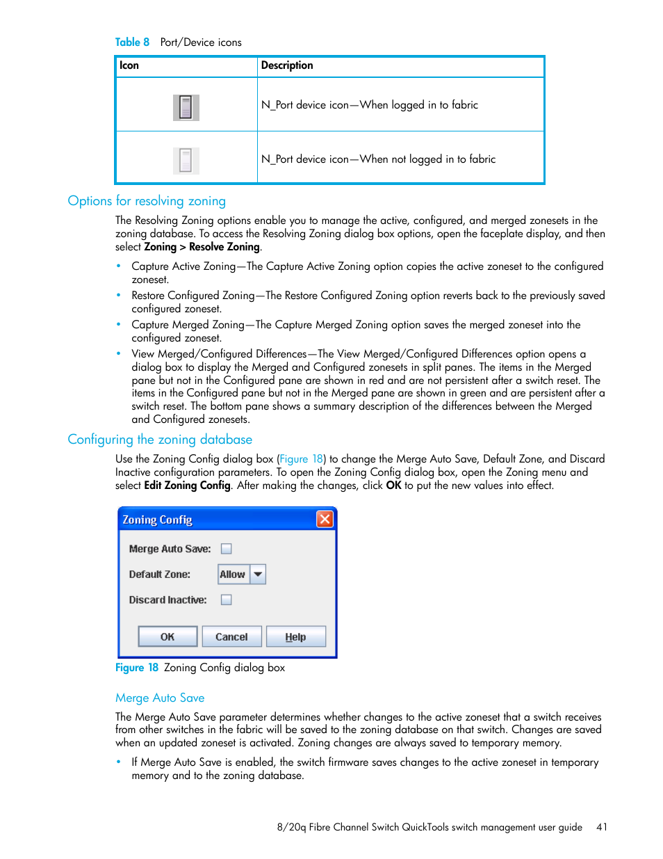 Options for resolving zoning, Configuring the zoning database, Figure 18 zoning config dialog box | Merge auto save, 18 zoning config dialog box, Configuring the, Zoning database | HP 8.20q Fibre Channel Switch User Manual | Page 41 / 108