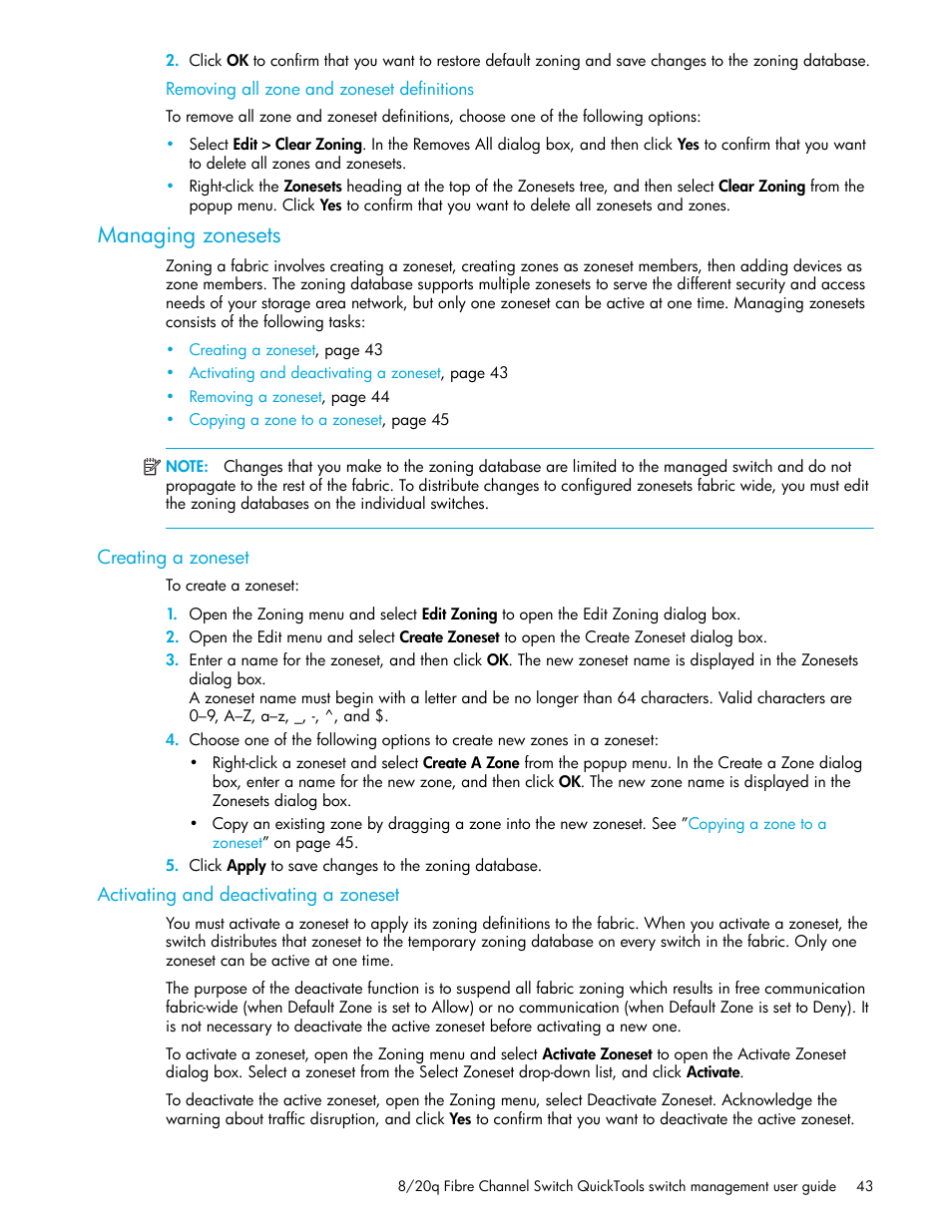 Removing all zone and zoneset definitions, Managing zonesets, Creating a zoneset | Activating and deactivating a zoneset | HP 8.20q Fibre Channel Switch User Manual | Page 43 / 108