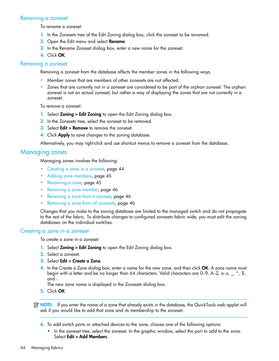 Renaming a zoneset, Removing a zoneset, Managing zones | Creating a zone in a zoneset | HP 8.20q Fibre Channel Switch User Manual | Page 44 / 108