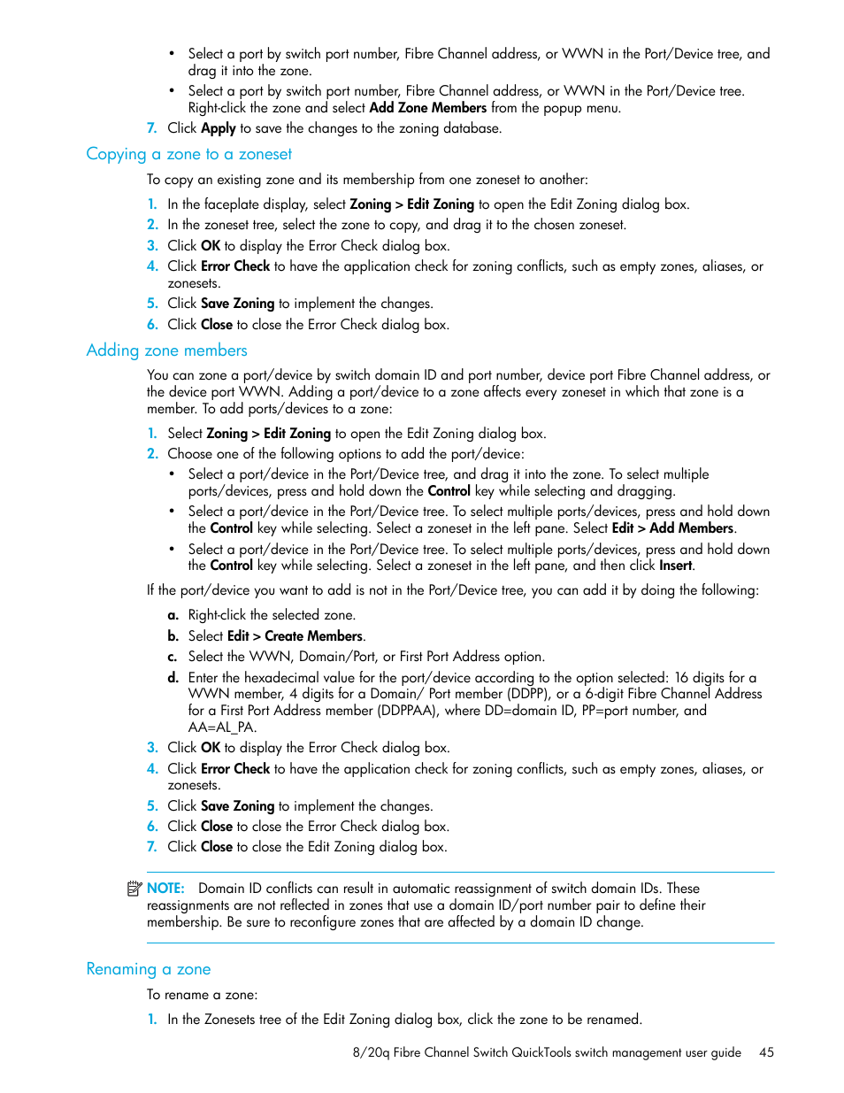 Copying a zone to a zoneset, Adding zone members, Renaming a zone | Copying a zone to a, Zoneset | HP 8.20q Fibre Channel Switch User Manual | Page 45 / 108