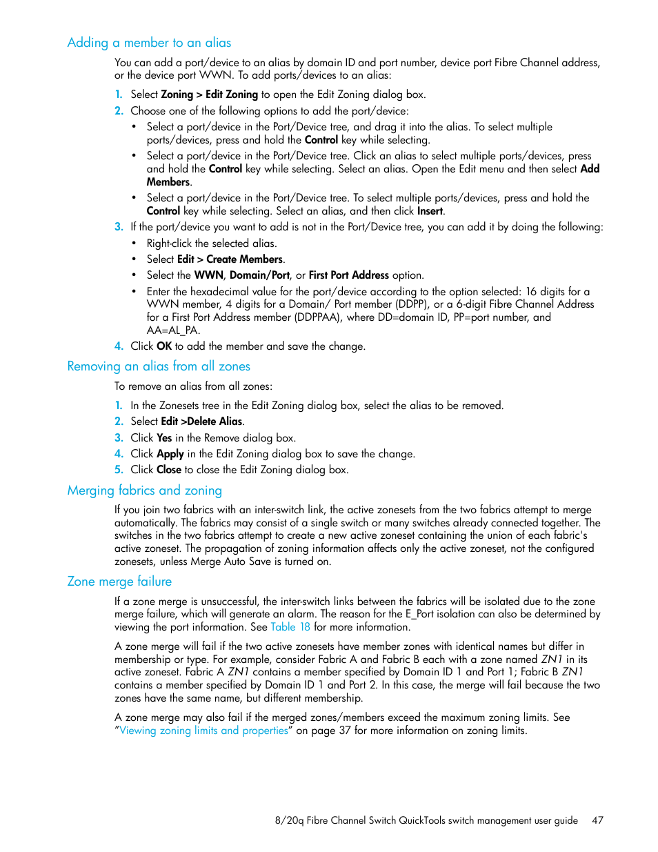 Adding a member to an alias, Removing an alias from all zones, Merging fabrics and zoning | Zone merge failure | HP 8.20q Fibre Channel Switch User Manual | Page 47 / 108