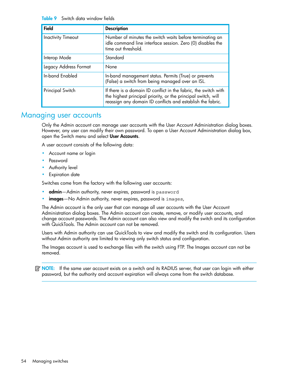 Managing user accounts | HP 8.20q Fibre Channel Switch User Manual | Page 54 / 108