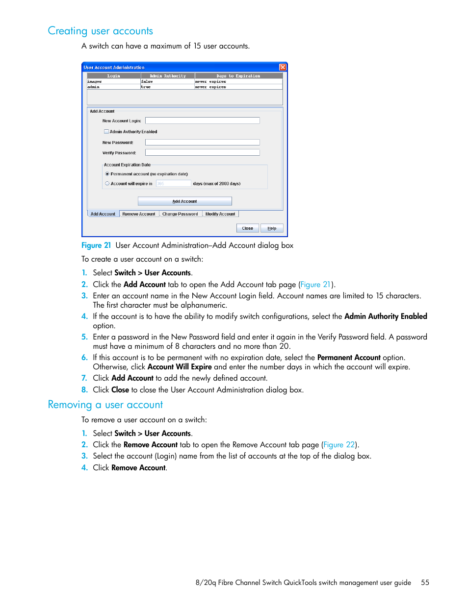 Creating user accounts, Removing a user account | HP 8.20q Fibre Channel Switch User Manual | Page 55 / 108