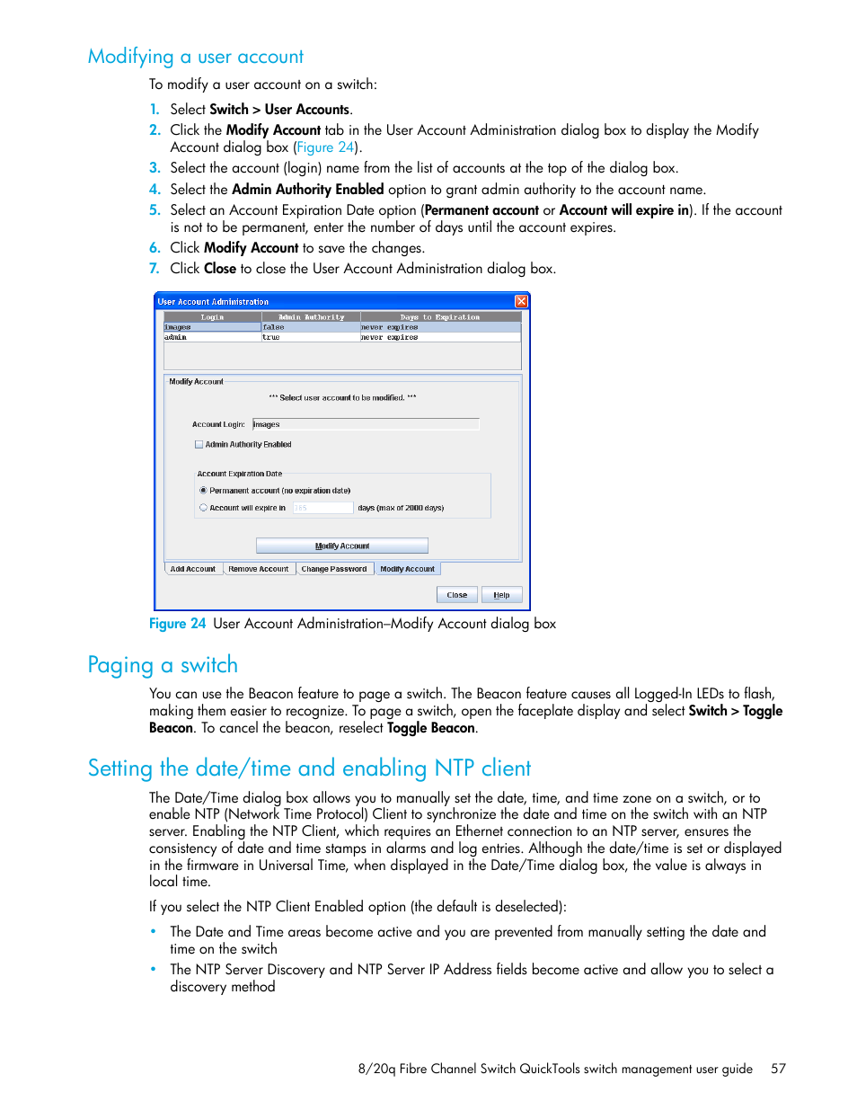 Modifying a user account, Paging a switch, Setting the date/time and enabling ntp client | HP 8.20q Fibre Channel Switch User Manual | Page 57 / 108