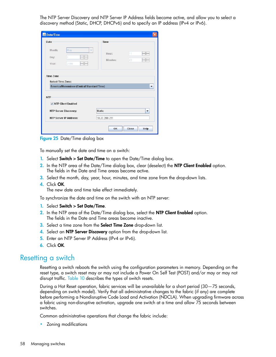 Figure 25 date/time dialog box, Resetting a switch, 25 date/time dialog box | HP 8.20q Fibre Channel Switch User Manual | Page 58 / 108